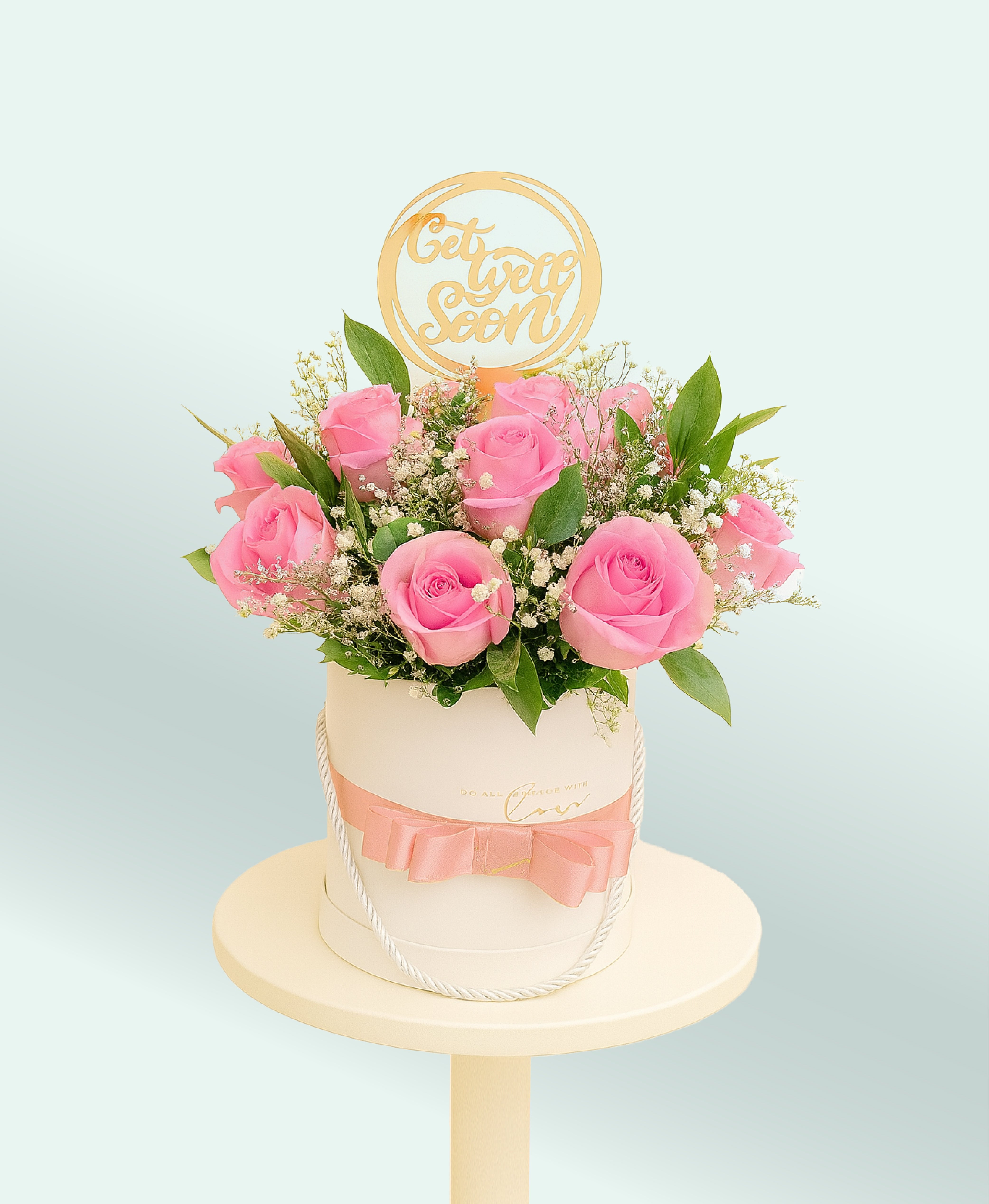 Pink Comfort Bloom Box – Pink Roses with Ruscus & Gypsophila